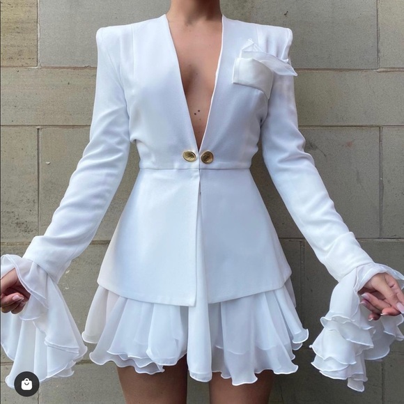 Chiffon ruffle blazer skirt suit White - Picture 2 of 10